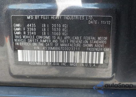 2013 Subaru Legacy 2.5I Premium из США, поврежденный, VIN 4S3BMBB67D3023211